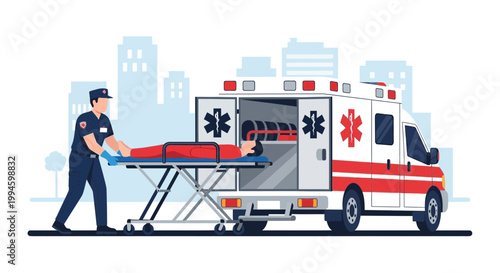 Paramedic loading patient on stretcher into ambulance with city skyline background