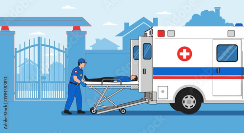 Paramedic loading patient on stretcher into ambulance outside gate