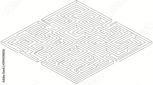 Intricate isometric maze with complex pathways and dead ends, presented in a clean line art style.