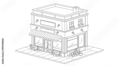Isometric line drawing of a charming two-story corner building with an awning, outdoor seating, and bicycles parked outside, suggesting a cafe or shop.
