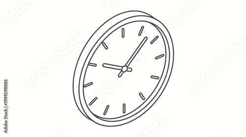 Isometric line drawing of a classic round wall clock with hour and minute hands, depicting time measurement and punctuality.