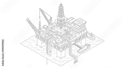 Isometric line drawing of an offshore oil drilling platform for energy extraction.