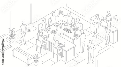 Isometric line art illustration of a group of people enjoying a social dinner party in a modern home setting.