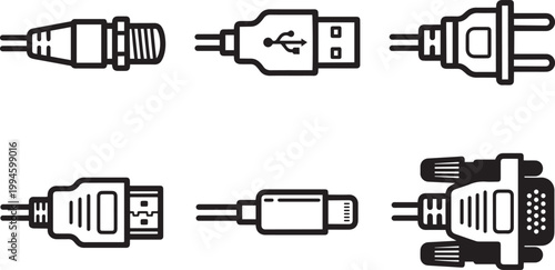 set of cable connectors icons usb, hdmi, power plug and data connection symbols vector illustration