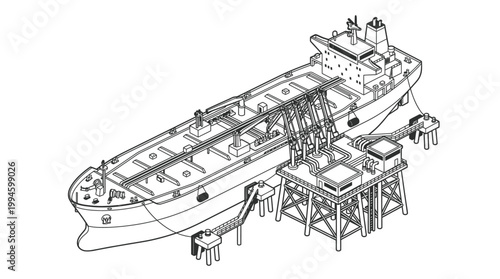 Isometric line drawing of a large oil tanker docked at an offshore loading platform with connecting pipelines for cargo transfer.