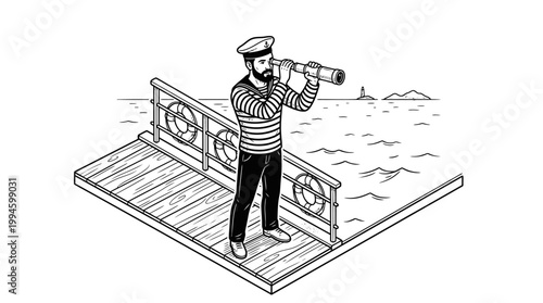 Isometric black and white illustration of a bearded sailor looking through a spyglass from a wooden pier towards a distant lighthouse on the sea.