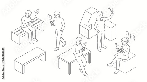Isometric line art illustration of people using smartphones in different social settings, depicting modern digital communication and connectivity.