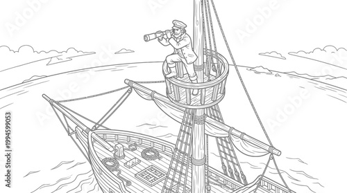 A detailed line art illustration of a sailor in a crow's nest on a sailing ship, scanning the vast ocean with a telescope, in a vintage style.