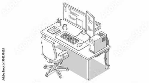 Isometric line art illustration of a modern computer desk setup with dual monitors and an office chair.