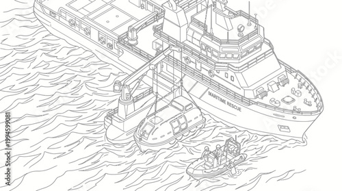 Line drawing of a large ship deploying a smaller boat with a crane, another boat nearby.