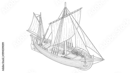 Detailed line drawing of a traditional sailing ship with multiple masts and sails, viewed from an elevated angle, showcasing its intricate rigging.