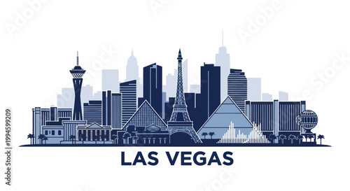 Photography Las Vegas Skyline Silhouette, Famous Landmarks, Cityscape Vector Illustration