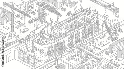 Isometric line drawing illustrating a large ship under construction in a busy shipyard with numerous cranes and workers, showcasing industrial activity.
