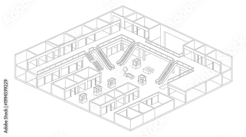 Isometric wireframe drawing of a multi-level commercial building interior with escalators and retail units.