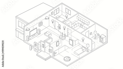 Isometric line drawing of a modern house interior showing multiple rooms with furniture and appliances in a detailed layout.