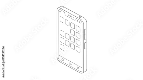 Isometric line art drawing of a modern smartphone with app icons on the screen, depicting mobile technology and digital communication.