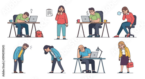 Overworked Employees Exhausted at Office Desks, Stress and Burnout Concept