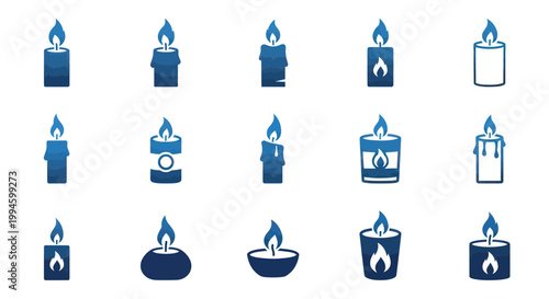Set of blue candle icons with flame, isolated on white background