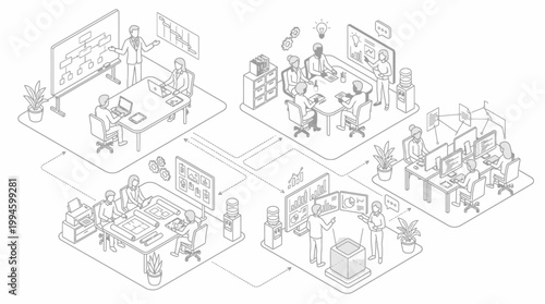 Detailed isometric line art showing various interconnected business operations, meetings, data analysis, and collaborative work environments.