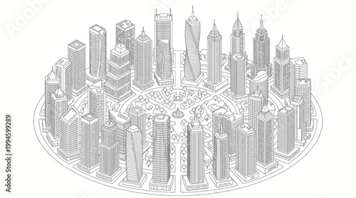 Detailed line drawing of a futuristic circular city with numerous tall skyscrapers and a central plaza, viewed from an isometric perspective.