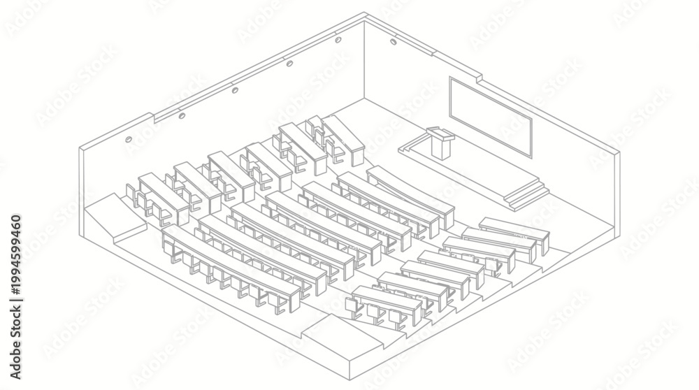 Fototapeta premium Isometric line drawing of a modern lecture hall with tiered seating, a stage, and a projection screen, illustrating architectural layout.