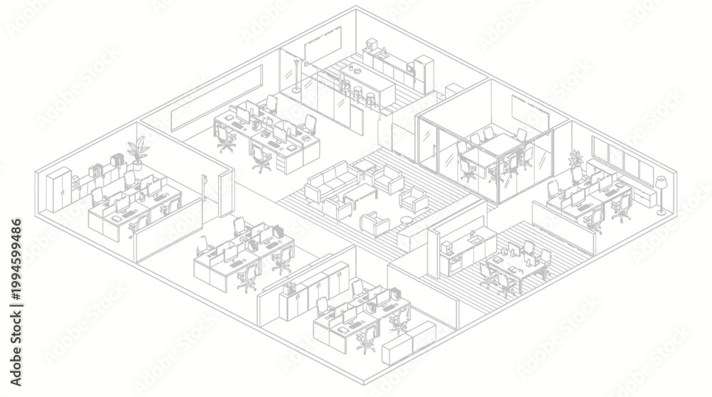 Fototapeta premium Isometric architectural drawing of a modern office layout featuring multiple workstations, meeting rooms, and a reception area.