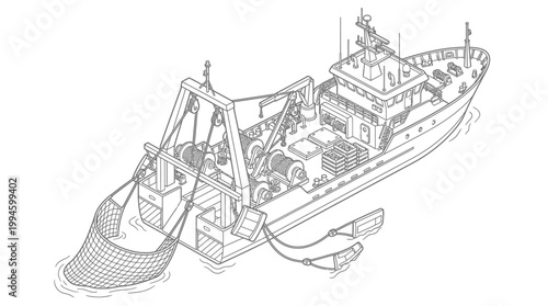 Detailed isometric illustration of a modern fishing trawler equipped with nets and winches, ready for deep-sea fishing operations.