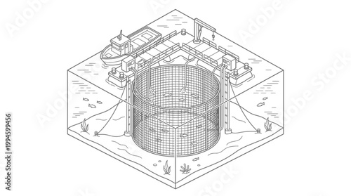 Isometric illustration of an offshore fish farm with a large circular net pen, a docked boat, and fish swimming within the aquaculture facility.