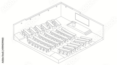 Isometric line drawing of a modern lecture hall with tiered seating, a stage, and a projection screen, illustrating architectural layout.