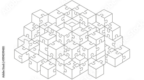 An isometric line drawing depicting a complex 3D structure composed entirely of interlocking puzzle pieces, forming a multi-layered cube-like shape.
