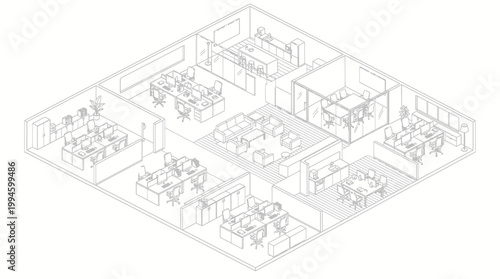 Isometric architectural drawing of a modern office layout featuring multiple workstations, meeting rooms, and a reception area.