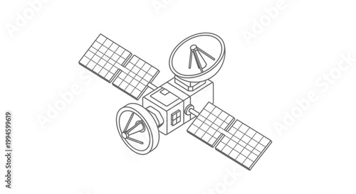 Isometric line art drawing of a communication satellite with solar panels and antenna dishes in space.