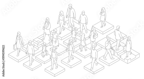 Isometric illustration of a diverse group of people standing on elevated platforms arranged in a tiered formation, showcasing a sense of community and order.