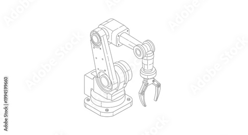 Line drawing of a robotic arm with a gripper, used in industrial automation and manufacturing processes.