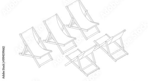 Outline drawing of six simple wooden and fabric foldable deck chairs for outdoor relaxation.