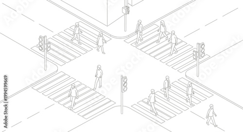 Isometric line drawing of a busy urban street intersection with pedestrians and traffic lights.