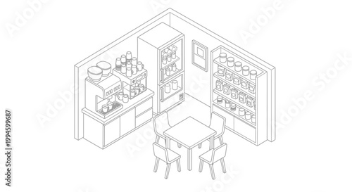 Isometric line drawing of a small cafe interior with coffee machines, shelves, and a dining table.