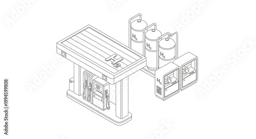 Isometric line drawing of a modern hydrogen fueling station with storage tanks and dispensers.