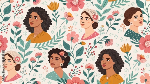 Seamless pattern with diverse women portraits and floral elements
