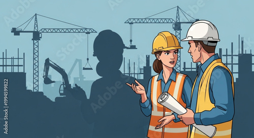 A female worker and an engineer are conversing in front of a construction site; hard hats and machinery are out of focus in the background.