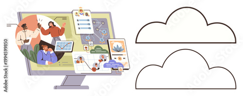 Collaboration tools, cloud storage, workflow automation, data visualization, remote teamwork, online communication. A monitor displaying cloud-based tools and teamwork features. Collaboration