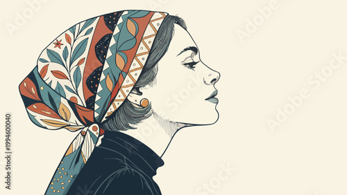 Elegant woman in profile wearing a patterned headscarf, vintage fashion illustration style