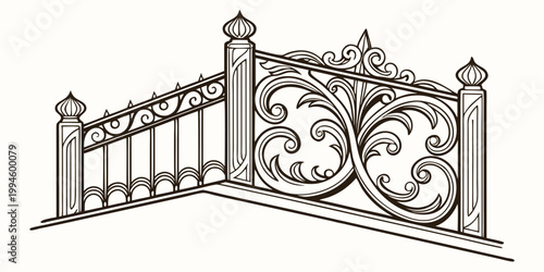 Decorative wrought iron balcony railing sketch, vector