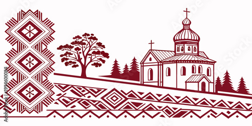 Traditional Slavic folk art landscape with Orthodox church, vector