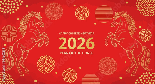 Happy Chinese New Year 2026 Year of the Horse golden red festive background with horse illustrations and decorative circles