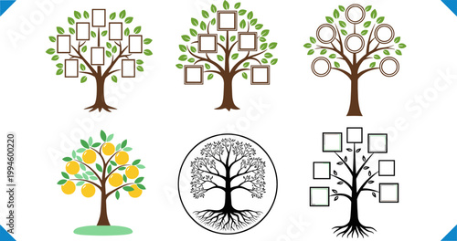 Family Tree Genealogy Vector Set with Decorative Tree Diagrams, Ancestry Charts, and Leaf Frame Elements for Heritage, History, and Relationship Design Projects