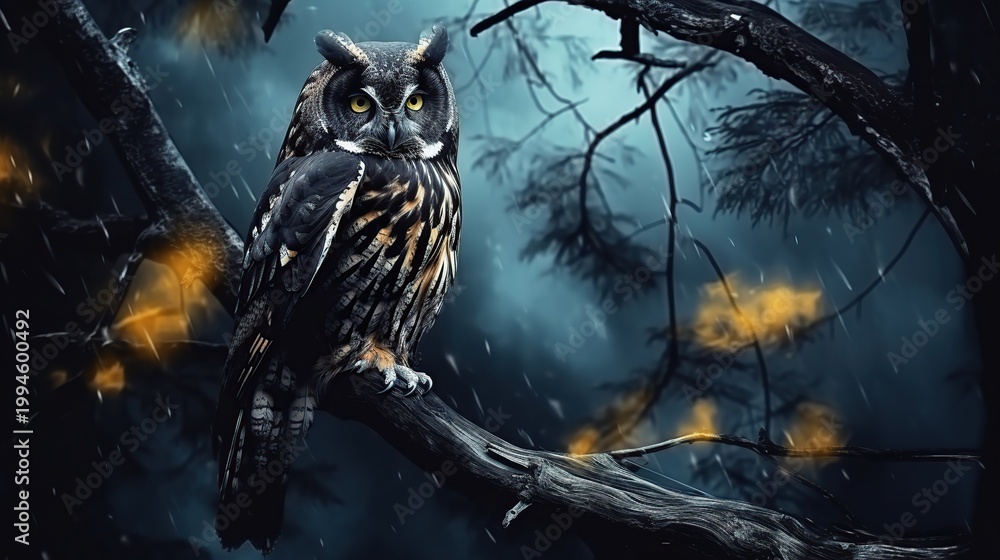 Fototapeta premium Majestic Owl Perched on a Weathered Branch Within a Moonlit, Foggy Blue Forest Scene