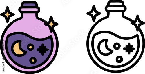 Magic potion bottle with moon and stars vector set