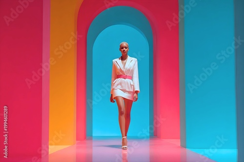 Fashion model walking down colorful hallway with archway wearing white dress and high heels runway style