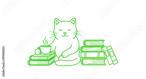 Zen Cat Meditating with Books and Coffee Cup